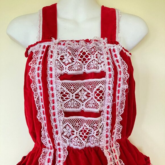 Gothic Lolita Cosplay Harajuku Top Handmade Red Corduroy & Lace Ruffles - Picture 3 of 5